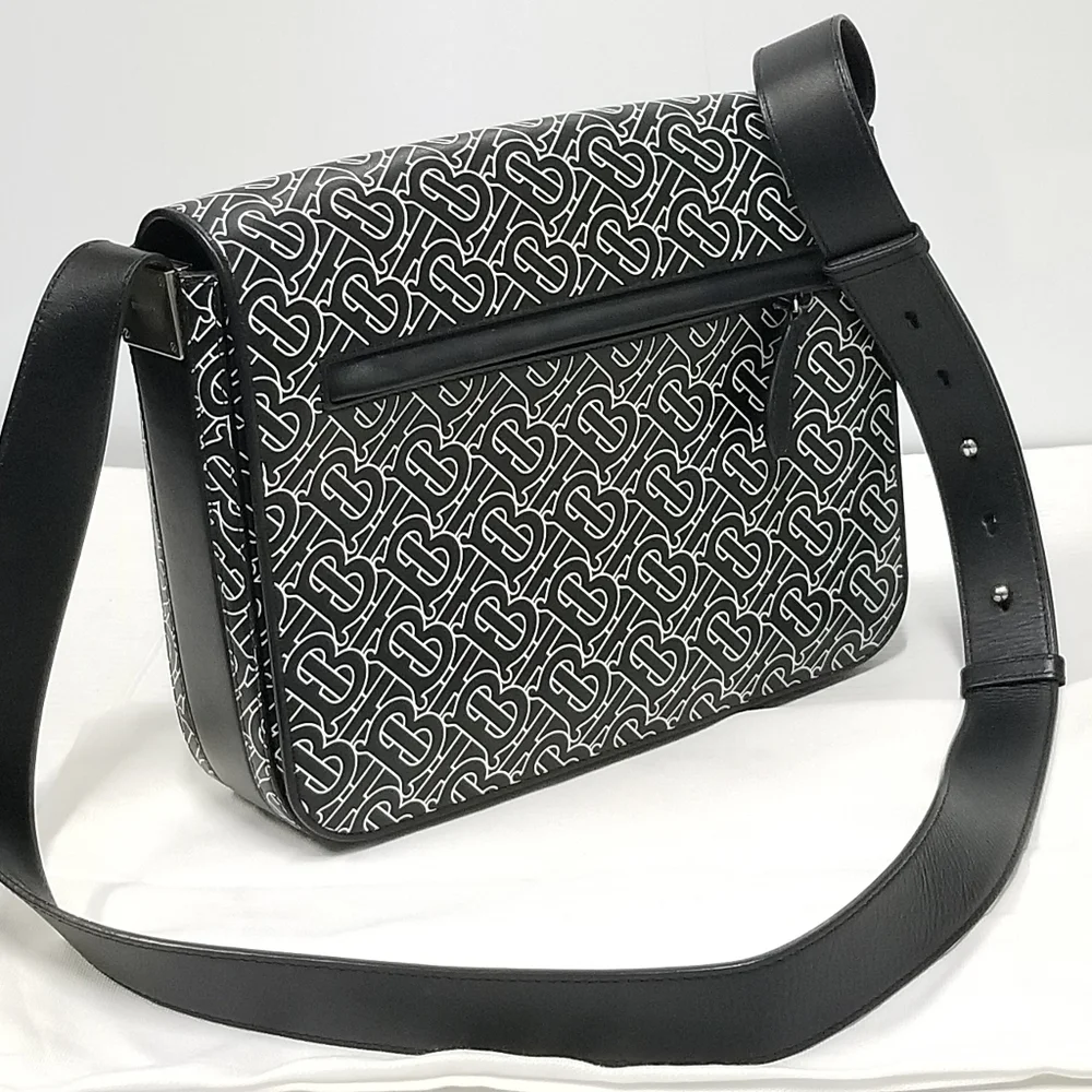 BURBERRY Calfskin Monogram TB Print Black and White Messenger Crossbody Bag